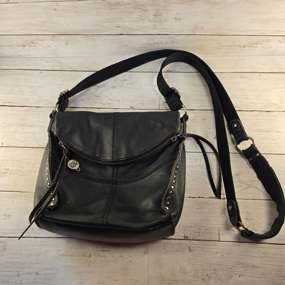 The‎ Sak Black Pebbled Leather Studded Crossbody Bag Messenger Purse Boho Silver